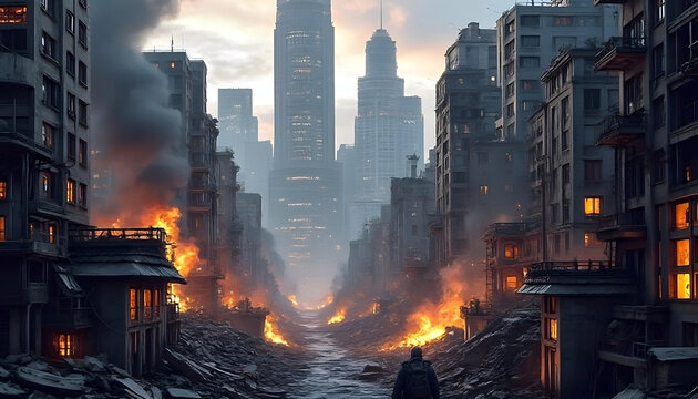 Lone survivor walking through an apocalyptic war torn city on fire representing the destructive aftermath of war