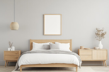A modern bedroom featuring wooden bed frame, soft bedding, and minimalist decor. light gray walls and natural wood furniture create serene atmosphere, perfect for relaxation
