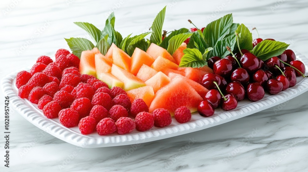 Wall mural colorful display of assorted red fruits on white plate