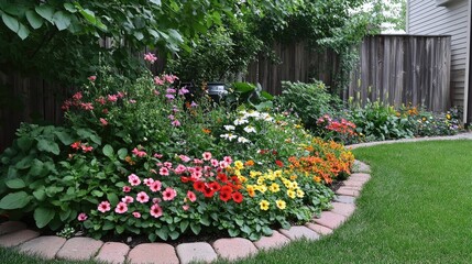 Obraz premium Vibrant Flower Border in Tranquil Backyard Garden