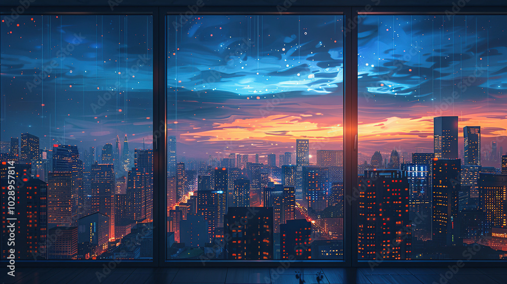 Canvas Prints Looking out the window from inside the room reveals a breathtaking cityscape of modern, intricate buildings that shine brightly day and night, offering a spectacular view. High resolution