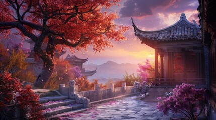 Obraz premium A serene courtyard with traditional architecture, vibrant red and pink flowers, and a large tree with red leaves. Sunlight filters through, creating a peaceful and picturesque scene.
