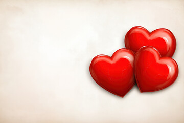 Fototapeta premium Three shiny red hearts on a soft beige background for romantic themes or designs