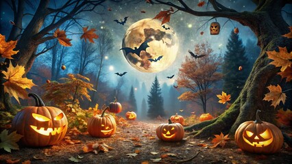 Halloween Scene with Pumpkins, Bats, and Full Moon in a Spooky Forest