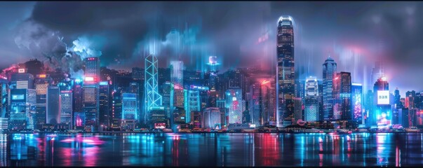 High-tech city skyline with holographic advertisements, 4K hyperrealistic photo