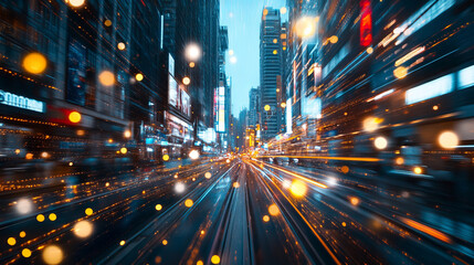 Fototapeta premium A vibrant cityscape with dynamic light trails and bokeh effects creates sense of motion and energy. urban environment is illuminated by colorful lights, showcasing hustle and bustle of city life