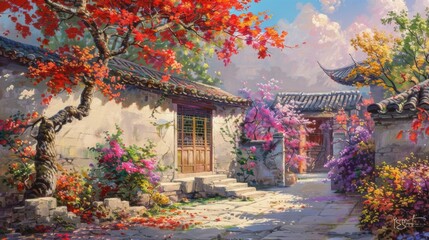 A serene courtyard with traditional architecture, vibrant red and pink flowers, and a large tree with red leaves. Sunlight filters through, creating a peaceful and picturesque scene.