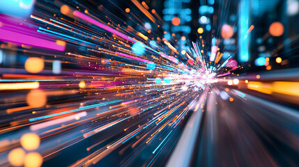 Dynamic light trails create vibrant sense of motion and energy in this abstract image, showcasing colorful bursts and streaks that evoke excitement and speed