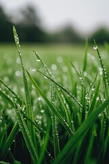 Obraz premium A close-up of water droplets on grass. background, wallpaper.