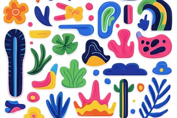 A collection of colorful and abstract shapes and lines, including flowers, leaves, and other plants. Concept of creativity and imagination, with each element appearing to be a unique