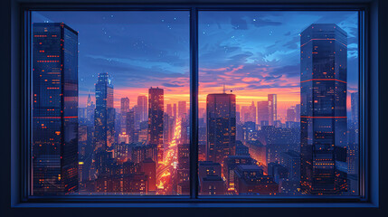 From inside the room, the cityscape seen through the window is a marvel of modern architecture, with intricate buildings that shine during the day and glow at night. High resolution Illustration, in