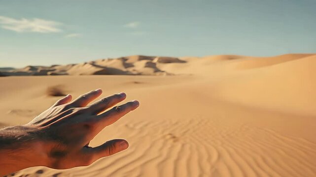 POV , hand reaching out in a vast desert: exploring the unknown, a travel concept