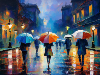 Reflections in the Rain: A Serene Walk Through the City in Oil Paint