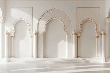 Fototapeta premium Islamic interior with an ornate mihrab, golden arches, and intricately detailed domes