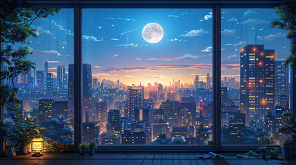Through the window, the cityscape seen from inside the room is a marvel of modern architecture with intricate buildings, beautiful both during the day and night. High resolution Illustration, in the
