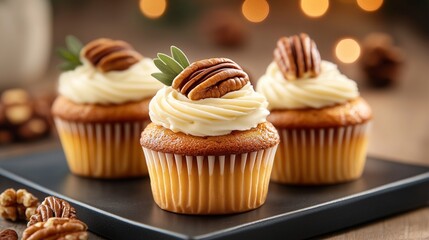 Pecan Pie Cupcakes with a pecan-flavored base and caramel or pecan pie filling, topped with whipped cream