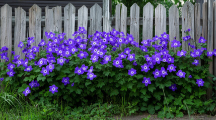 Vibrant purple flowers bloom behind an old wooden fence, enhancing the rustic charm of a country yard