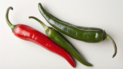 Two Green and One Red Chili Peppers on a White Surface