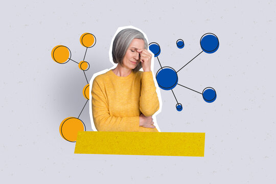 Creative collage picture elder woman suffer pain migraine virus illness sick immune system influenza drawing background