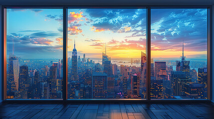 Inside the room, looking out the window reveals a stunning cityscape of modern, intricate buildings, providing a beautiful view both in the light of day and the dark of night. High resolution