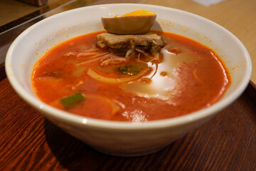 Japanese spicy ramen with eggs and meat