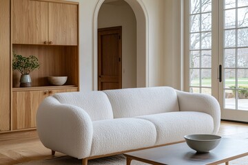 Fototapeta premium A modern Scandinavian interior in a living room with minimalist, arched construction and wood cabinets and sofas. Generative AI 