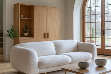 Fototapeta premium A modern Scandinavian interior in the living room with minimalist, arched windows and wood cabinets and sofas. Generative AI 