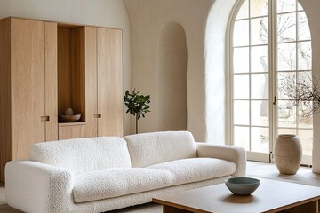 Fototapeta premium A modern Scandinavian interior in a living room with minimalist, arched construction and wood cabinets and sofas. Generative AI 