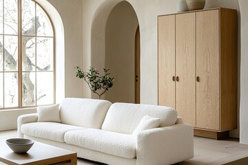 Fototapeta premium A modern Scandinavian interior in a living room with minimalist, arched construction and wood cabinets and sofas. Generative AI 