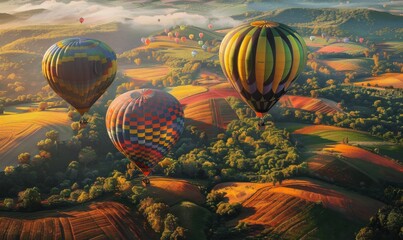 Fototapeta premium Colorful hot air balloons floating over a patchwork of fields and forests, 4K hyperrealistic photo
