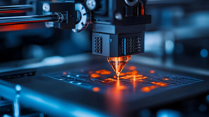 3D printing technology is showcased with close up of printers nozzle, highlighting intricate process of layer by layer material deposition. vibrant colors and detailed machinery evoke sense of innovat