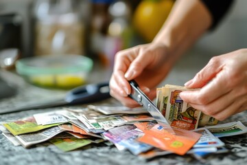 Coupon Clipping: Hands cutting out coupons from a colorful newspaper insert on a kitchen table, with scissors and a pile of clipped coupons scattered around