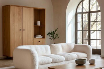 A modern Scandinavian interior in the living room with minimalist, arched windows and sofas and wood cabinets. Generative AI
