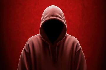 Mysterious figure in a hooded sweatshirt against a striking red background at night