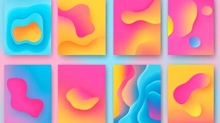 A set of eight abstract paintings with bright colors and bold shapes. The paintings are all different sizes and are arranged in a grid. The mood of the paintings is energetic and playful