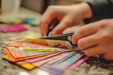 Coupon Clipping: Hands cutting out coupons from a colorful newspaper insert on a kitchen table, with scissors and a pile of clipped coupons scattered around