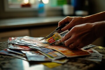 Obraz premium Coupon Clipping: Hands cutting out coupons from a colorful newspaper insert on a kitchen table, with scissors and a pile of clipped coupons scattered around