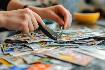 Coupon Clipping: Hands cutting out coupons from a colorful newspaper insert on a kitchen table, with scissors and a pile of clipped coupons scattered around