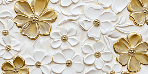 3d wallpaper with large white and gold flowers forming a floral pattern