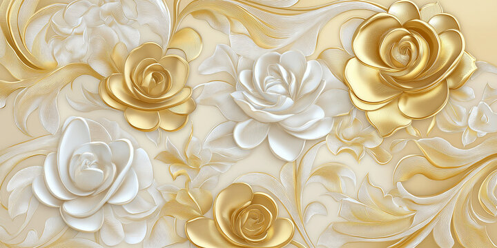 Fototapeta 3d wallpaper with golden and white roses embossed on floral background
