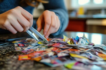 Fototapeta premium Coupon Clipping: Hands cutting out coupons from a colorful newspaper insert on a kitchen table, with scissors and a pile of clipped coupons scattered around