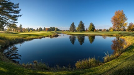 Obraz premium A Peaceful Golf Course Pond with Fall Foliage and Reflections