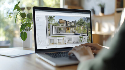 Architect designing modern house using laptop in bright home office