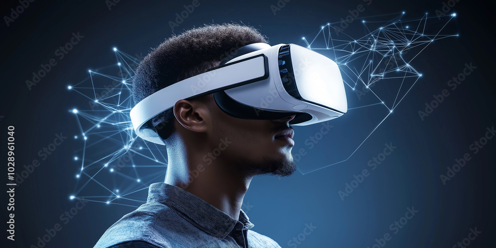 Poster Young man experiencing virtual reality using headset with network connection visual
