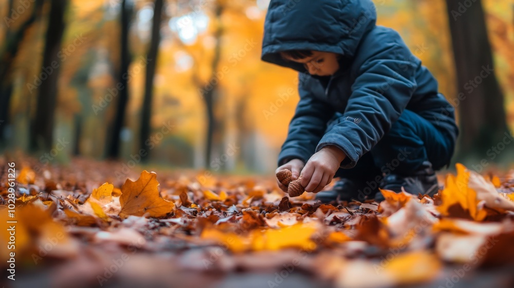 Poster in a vibrant park during autumn, a young child bends down to gather acorns from the ground. surround