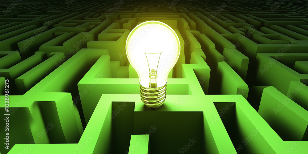 Poster light bulb shining in the middle of a green maze puzzle