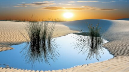 A desert scene with floodwaters reflecting the sunset, highlighting the rare occurrence of a flooded desert.
