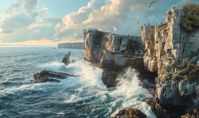 Coastal cliffs overlooking crashing waves and seabirds, 4K hyperrealistic photo