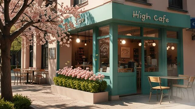 cafe on the side of the road. seamless looping 4k video background animation