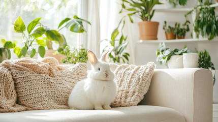 A fluffy white rabbit sits on cozy sofa surrounded by lush green plants, creating serene and inviting atmosphere in bright living space. soft textures and natural light enhance peaceful vibe